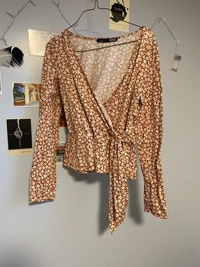 Rebel Sugar Rust Floral Wrap Blouse with White Print